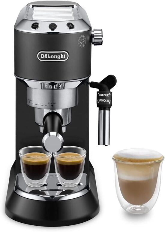 De'Longhi Dedica Style EC 685.BK Espresso Filter Holder Espresso Machine with Professional Milk Foam Nozzle 15 cm Wide 1 Litre Water Tank Full Metal Casing E.S.E Pads Black